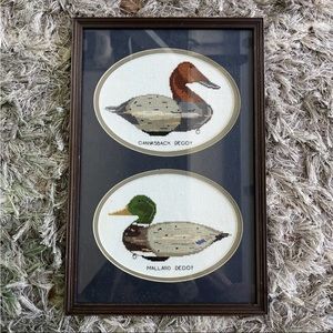 Vintage Needlepoint Framed Completed Crosstitch Duck Decoys